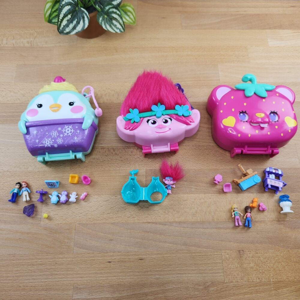 Polly Pocket Compact Playsets Troll Penguin Strawberry Cat- Lot of 3